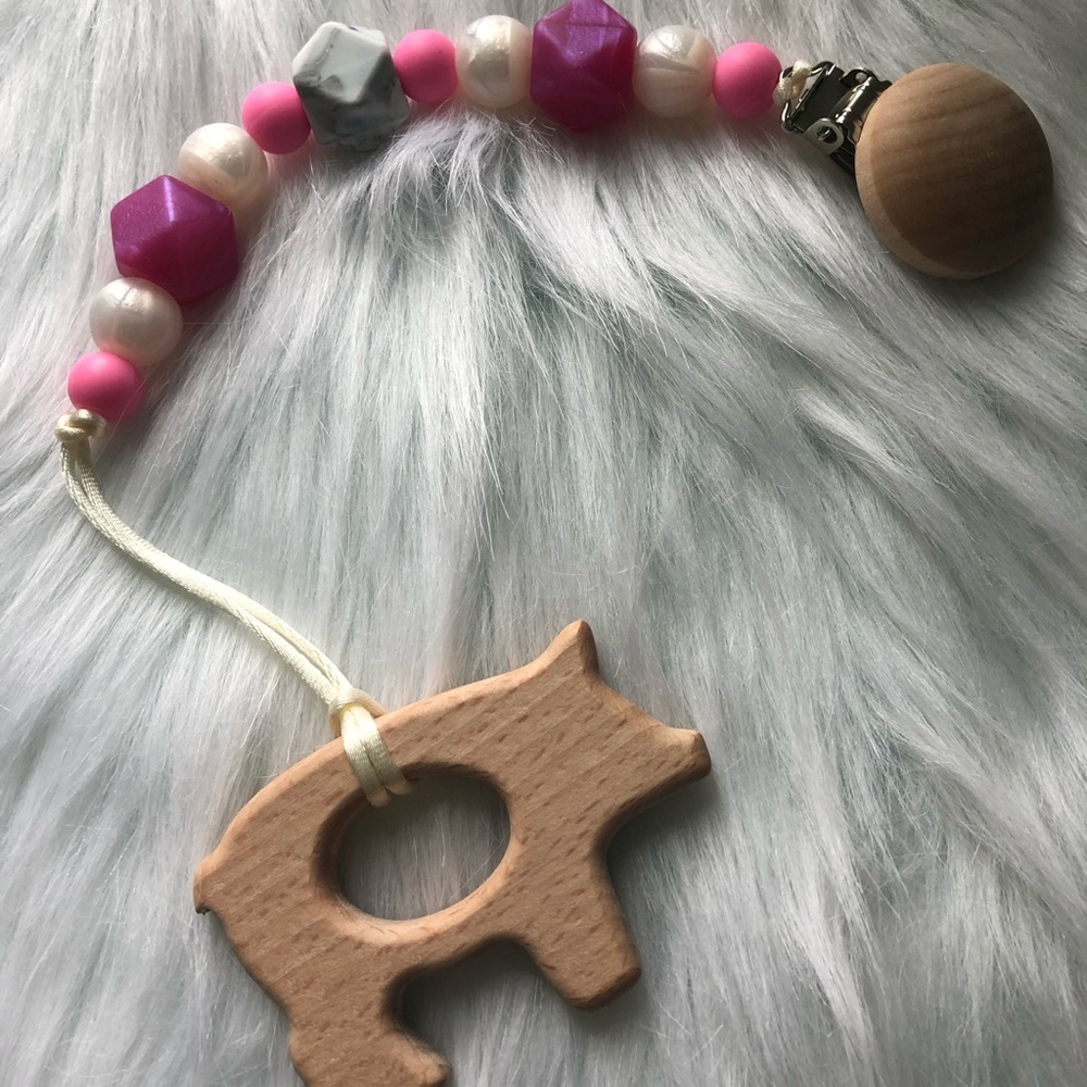 Handmade teething pacifier clip pig
